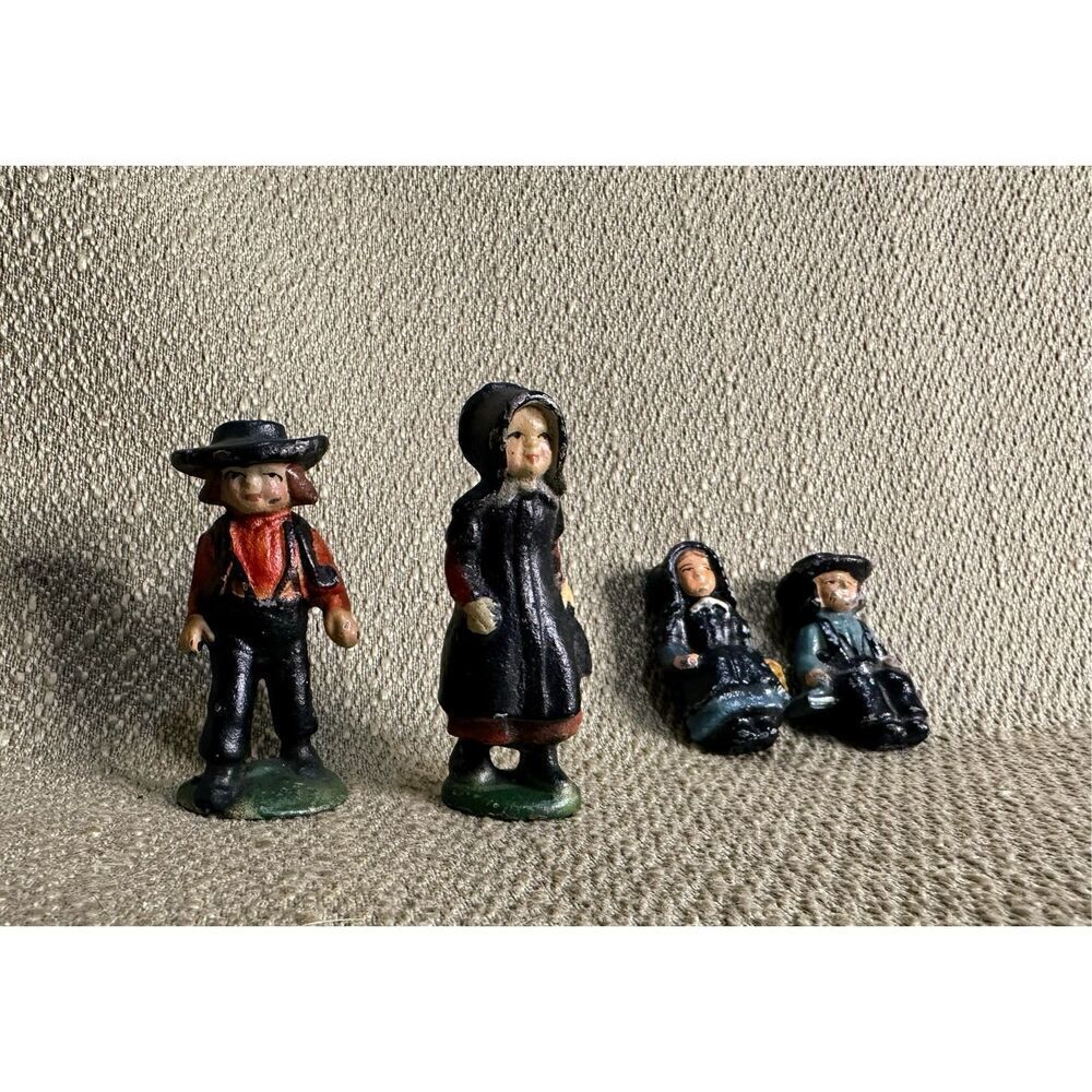 Vintage Cast Iron Amish Family Figurine Set of 4 Mini Shelf Sitters and Figures